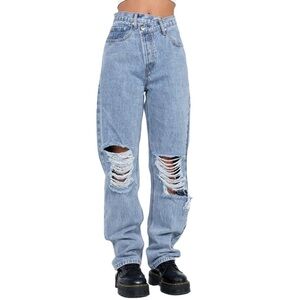 Princess Polly Holly Asymmetric Ripped Leg Jeans Light Wash Denim Size 2